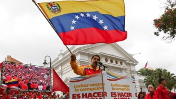 Venezuelan President Nicolas Maduro speaks during a demonstration against corruption in Caracas, Venezuela